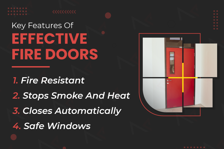 Infographic showing the main features of fire doors for protecting occupants in hotels and restaurants during fires.