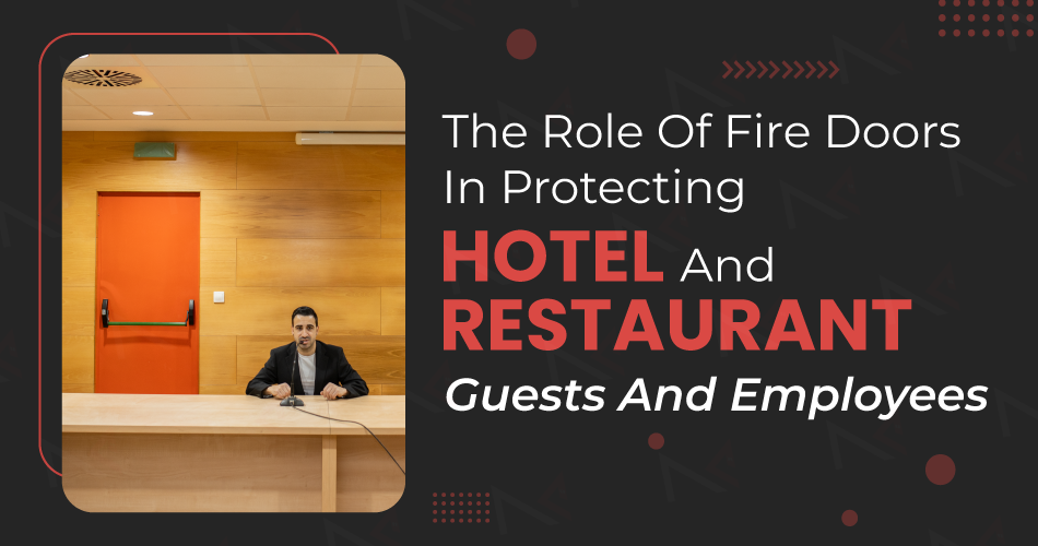 A fire door in an upscale hotel reception area highlighting fire safety measures for guest and employee protection.