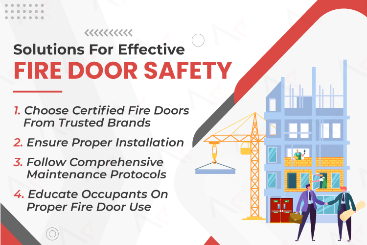Infographic: Common fire door mistakes in Indian buildings, illustrated with construction workers.